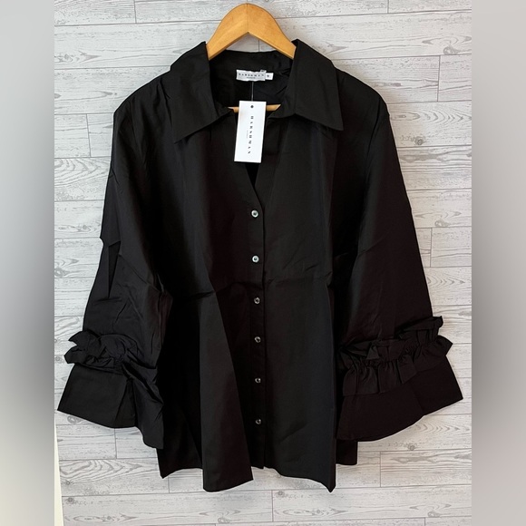 Harshman Women's Size 1X Selina Ruffle-Trim Button Front Cotton Shirt Black - Picture 4 of 11